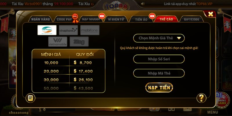 Top88 - Cổng Cược Giải Trí, Đổi Thưởng Hoạt Động Đình Đám 21 top88 nap tien thong qua the cao